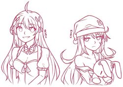  2girls :d ahoge bow bowtie character_name collarbone commentary_request detached_collar expressionless eyes_visible_through_hair frown hair_between_eyes hair_ornament hat hugging_doll hugging_object line_art long_hair looking_at_viewer messy_hair miru_(rabi_ribi) monochrome multiple_girls nightcap off_shoulder open_mouth pom_pom_(clothes) puffy_short_sleeves puffy_sleeves rabi-ribi rumi_(rabi_ribi) short_sleeves siblings simple_background sisters smile speckticuls stuffed_animal stuffed_rabbit stuffed_toy upper_body white_background x_hair_ornament 