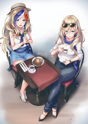  2girls absurdres alternate_costume bad_id bad_twitter_id black_footwear blonde_hair blue_eyes blue_hair blue_scarf blue_skirt blush breasts casual chair coffee collared_shirt commandant_teste_(kancolle) commentary_request crossed_legs cup denim eyewear_on_head fork france full_body hair_between_eyes hat high_heels highres holding holding_cup holding_saucer jeans kantai_collection knife kurofude_anna long_hair looking_at_viewer mole mole_under_eye mole_under_mouth multicolored_clothes multicolored_hair multiple_girls open_mouth own_hands_together pants red_hair richelieu_(kancolle) sash saucer scarf shirt short_eyebrows sidelocks signature sitting skirt sleeveless sleeveless_shirt smile streaked_hair sunglasses table watch white_footwear white_hair white_shirt wristband yellow_eyes 