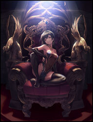  absurdres bare_shoulders black_footwear black_hair boots border breasts chair cleavage commentary covered_navel earrings elbow_gloves female fisheye gloves grin head_tilt highres indoors jewelry long_hair looking_at_viewer medium_breasts navel necklace original oz_(gerbera7) partially_fingerless_gloves pelvic_curtain photoshop_(medium) red_eyes revealing_clothes see-through sitting smile solo thigh_boots thighhighs 