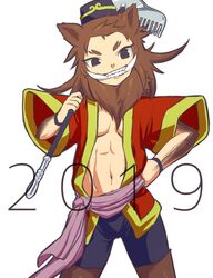  2019 animal_ears beard bearded_girl bike_shorts black_eyes boar_ears breasts brown_hair chinese_zodiac facial_hair female female fur hat highres hoe monster_girl navel original simple_background solo teeth toru_(akira) tusks white_background 