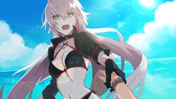  bikini black_bikini black_gloves black_sleeves blue_sky bracelet breasts choker cleavage cloud collarbone commentary_request day fate/grand_order fate_(series) female floating_hair gloves grey_hair hair_between_eyes hand_grab jeanne_d&#039;arc_alter_(fate) jeanne_d&#039;arc_alter_(swimsuit_berserker)_(fate) jewelry lens_flare long_hair looking_at_viewer medium_breasts o-ring o-ring_bikini open_mouth outdoors sakamoto_bin shiny_skin shrug_(clothing) sky sun sunlight sweatdrop swimsuit upper_body very_long_hair yellow_eyes 