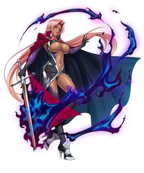  00s boots breasts cape curvy dark_skin erect_nipples female female fire full_body gloves highres ingrid_(taimanin_asagi) kagami_hirotaka large_breasts lilith-soft lipstick looking_at_viewer makeup nipples pink_hair shiny shiny_hair shiny_skin simple_background solo sword taimanin_(series) taimanin_asagi taimanin_rpgx thick_thighs thighhighs thighs thong weapon white_background yellow_eyes 