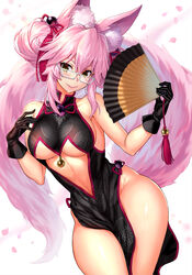  animal_ear_fluff animal_ears bare_shoulders black_dress black_gloves breasts brown_eyes china_dress chinese_clothes closed_mouth collarbone commentary double_bun dress fate/grand_order fate_(series) female folding_fan fox_ears fox_girl fox_tail glasses gloves grey-framed_eyewear groin hair_between_eyes hair_bun hand_fan hands_up head_tilt holding holding_fan koyanskaya_(chinese_lostbelt_outfit)_(fate) koyanskaya_(fate) medium_breasts no_panties npcpepper pelvic_curtain petals pink_hair sidelocks sleeveless sleeveless_dress smile solo tail tamamo_(fate) v-shaped_eyebrows white_background 