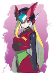  android blonde_hair breasts dated female female genderswap_(mtf) helmet highres long_hair medium_breasts purple_eyes red_skirt rockman rockman_zero rule_63 signature simple_background skirt smile solo sumomo zero_(rockman) zipper zipper_skirt 