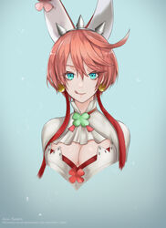  akaisu artist_name bad_id bad_pixiv_id blue_background blue_eyes breasts cleavage clover commentary earrings elphelt_valentine female four-leaf_clover guilty_gear guilty_gear_xrd hair_between_eyes hair_ornament highres jewelry large_breasts leaf looking_at_viewer photoshop_(medium) pink_hair short_hair simple_background solo tongue tongue_out upper_body watermark web_address 