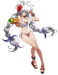  bikini bracelet breasts cleavage commentary_request earrings female fingernails flower full_body hair_flower hair_ornament hibiscus highres holding jewelry langrisser langrisser_iii langrisser_mobile long_hair looking_at_viewer luna_(langrisser) medium_breasts nail_polish navel official_art red_eyes sandals scrunchie shiny_skin shirt side-tie_bikini_bottom silver_hair simple_background solo star_(symbol) star_earrings stomach striped_bikini striped_clothes swimsuit t-shirt toes twintails very_long_hair water_drop water_gun wet wet_clothes white_background 