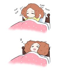  bad_id bad_twitter_id bed blanket brown_hair commentary_request female fluffy highres korean_commentary messy_hair okumura_haru on_bed open_mouth pajamas persona persona_5 pillow playing_with_own_hair roviahc ruffling_hair sleeping sleepy solo zzz 