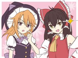  2girls arms_at_sides ascot ayano_(ayn398) bad_id bad_twitter_id bare_shoulders black_hair blush border bow bowtie brown_eyes commentary cosplay detached_sleeves finger_to_cheek floral_background frilled_sleeves frills hair_between_eyes hair_tubes hairbow hakurei_reimu hakurei_reimu_(cosplay) hat idolmaster idolmaster_cinderella_girls kirisame_marisa kirisame_marisa_(cosplay) long_hair looking_at_viewer matoba_risa multiple_girls open_mouth orange_hair ribbon-trimmed_sleeves ribbon_trim short_sleeves smile sparkle sweatdrop touhou upper_body white_border witch_hat yellow_eyes yuuki_haru 