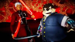  16:9 3d_(artwork) anthro archer_emiya belly blade canid canine canis digital_media_(artwork) domestic_dog fate_(series) lifewonders male malicekira mammal melee_weapon moritaka_(tas) overweight scar smile sword tokyo_afterschool_summoners type-moon weapon widescreen 