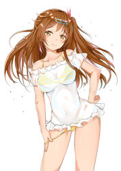  absurdres bad_id bad_pixiv_id bare_arms bare_legs bare_shoulders bikini bikini_pull blush breasts brown_eyes brown_hair catnnn chuunibyou_demo_koi_ga_shitai! clothes_pull collarbone commentary female hair_between_eyes hair_ornament hairclip hand_on_own_hip highres large_breasts long_hair navel nibutani_shinka one_side_up shirt short_sleeves simple_background solo standing swimsuit wet wet_clothes white_background yellow_bikini 