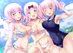  beach bikini blue_eyes bow breasts cleavage fujiwara_chika fujiwara_moeha fujiwara_toyomi kaguya-sama_wa_kokurasetai_~tensai-tachi_no_renai_zunousen~ pink_hair samenoido swimsuit wink 