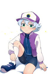  1boy animal_ears bike_shorts blue_hair blush bulge chokutsuu_(menino) commentary_request doraemon doraemon:_nobita_no_getsumen_tansaki green_eyes highres jacket kneehighs letterman_jacket light_blue_hair looking_at_viewer male_focus open_mouth rabbit_ears shoes simple_background sneakers socks solo sparkle tsukino_luca white_background white_socks 