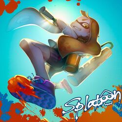  backlighting bike_shorts copyright_name domino_mask female female from_below grin inkling kiitos mask nintendo shoes smile sneakers solo splatoon tentacle_hair 