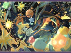  awai_(pixiv29777040) commentary_request deoxys deoxys_(normal) flying jigsaw_puzzle jirachi mega_pokemon mega_rayquaza minior minior_(core) minior_(green_core) minior_(red_core) minior_(yellow_core) no_humans planet pokemon pokemon_(creature) puzzle puzzle_piece rayquaza space star_(sky) 