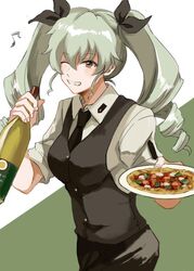  alpachiiino alternate_costume anchovy_(girls_und_panzer) bad_id bad_twitter_id black_necktie black_pants black_ribbon black_vest bottle closed_mouth commentary dress_shirt drill_hair eighth_note female food girls_und_panzer girls_und_panzer_senshadou_daisakusen! green_hair grin hair_ribbon holding holding_bottle long_hair looking_at_viewer musical_note necktie pants plate red_eyes ribbon shirt short_sleeves sleeves_rolled_up smile solo standing twin_drills twintails upper_body vest waiter white_shirt wine_bottle wing_collar 