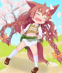  animal_ears borrowed_character braid brown_hair cherry_blossoms closed_eyes fangs female full_body grass hair_ornament hairclip hairpin heragyu highres kneehighs lifted_by_self lolicon long_hair momiji_(makuran) original outdoors panties skirt_hold solo tail thick_eyebrows tree twin_braids underwear very_long_hair white_legwear white_panties 