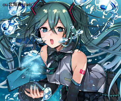  air_bubble aqua_eyes aqua_hair aqua_nails aqua_necktie bare_shoulders black_skirt black_sleeves blush breasts bubble collared_shirt crossed_bangs detached_sleeves female grey_shirt hatsune_miku kurono_yuu long_hair long_sleeves medium_breasts miniskirt music musical_note nail_polish necktie neckwear_lift neon_trim number_tattoo open_mouth outdoors pleated_skirt shirt shoulder_tattoo singing skirt solo source_request submerged tattoo tie_clip twintails underwater very_long_hair vocaloid wide_sleeves wing_collar 