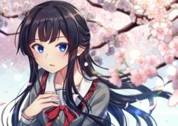  black_hair blue_eyes blurry bow branch cherry_blossoms collarbone commentary_request depth_of_field female flower grey_shirt highres idolmaster idolmaster_million_live! idolmaster_million_live!_theater_days junior_high_schoolmate_(idolmaster) kurousagi_yuu light_rays long_hair long_sleeves mogami_shizuka neckerchief official_alternate_costume outdoors parted_lips petals plaid school_uniform shirt solo tree uniform uniform_series_(idolmaster) 