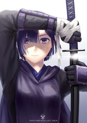  black_gloves cape commentary_request copyright_name dirty dirty_face female glint gloves highres holding holding_sword holding_weapon inna_the_queen_of_the_ruined_country katana pixiv_fantasia pixiv_fantasia_last_saga purple_eyes purple_hair sheath short_hair solo sweat sword unsheathing upper_body weapon yukimarunisiki 