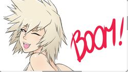  ;d bakugou_mitsuki blonde_hair blush boku_no_hero_academia commentary fake_scrollbar fangs female from_behind highres looking_at_viewer looking_back mature_female mkonstantinov one_eye_closed open_mouth red_eyes short_hair simple_background smile solo spiked_hair sports_bra underwear white_background white_sports_bra 