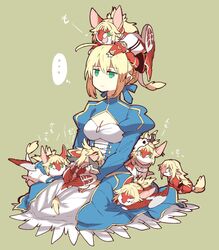  2019 alternate_species artoria_pendragon blonde_hair clothed clothing dragon dragonification dragonified fate_(series) female group hair hi_res human mammal mordred_(fate) mythological_creature mythological_scalie mythology saber_artoria_pendragon saber_of_red scalie tail takatsuki_nato type-moon 