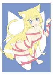  absurdres animal_ears ass asymmetrical_legwear bad_id bad_twitter_id blonde_hair blue_background blue_eyes blush bow braid breasts butt_crack cat_ears cat_symbol cat_tail donguri_suzume female fish_hair_ornament hair_ornament hairclip hanazono_serena highres kneeling large_breasts long_hair mismatched_legwear naked_ribbon paryi_project paw_pose red_ribbon ribbon simple_background single_thighhigh solo tail thighhighs virtual_youtuber white_legwear 