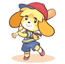  animal_crossing animal_ears backpack bag baseball_bat baseball_cap blonde_hair blue_shorts commentary cosplay dog_ears dog_girl english_commentary female full_body furry furry_female hat highres holding holding_baseball_bat isabelle_(animal_crossing) looking_at_viewer mother_(game) mother_2 ness_(mother_2) ness_(mother_2)_(cosplay) red_hat shirt short_sleeves shorts simple_background solo starbirbz striped_clothes striped_shirt super_smash_bros. white_background 