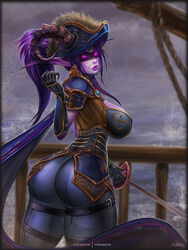  2019 absurd_res armor big_breasts blindfold blizzard_entertainment breasts clothed clothing demon_hunter demon_hunter_(warcraft) digital_media_(artwork) elf female glowing glowing_eyes hair hat headgear headwear hi_res horn humanoid humanoid_pointy_ears looking_at_viewer melee_weapon night_elf nilania not_furry purple_body purple_eyes purple_hair purple_skin smile solo standing sword tattoo vempire warcraft weapon 