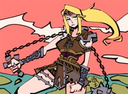  armor bad_id bad_twitter_id belt blonde_hair blue_eyes castlevania_(series) chickenwithtie cosplay female gloves headband long_hair looking_at_viewer metroid mole mole_under_mouth ponytail samus_aran simon_belmont simon_belmont_(cosplay) super_smash_bros. weapon whip 