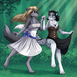  1:1 2019 4_toes 5_fingers accessory adira_riftwall anthro barefoot black_hair black_nose black_pawpads blonde_hair blue_eyes blush bottomwear breasts canid canine canis chest_tuft claws cleavage clothed clothing corset corset_dress curtsey dancing digital_media_(artwork) digitigrade dipstick_tail dress duo feet felid female fingers fluffy fluffy_tail forest full-length_portrait fur furgonomics grey_body grey_fur hair hair_accessory hairclip heart_symbol heresy_(artist) hi_res jensca keidran lingerie long_hair mammal markings multicolored_body multicolored_fur multicolored_tail outside pantherine pawpads pink_nose pink_pawpads plant portrait ribbons shaded silhouette skirt smile snow_leopard spots sundress tail tail_markings tail_through_skirt toes topwear translucent translucent_clothing translucent_hair tree tuft two_tone_body two_tone_fur twokinds white_body white_fur wolf 