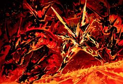  1boy black_background burning commentary_request dragon embers fangs fire furnace glowing kamen_rider kamen_rider_build_(series) kamen_rider_cross-z lava male_focus solo y_a_m_a_y_a 