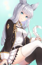  animal_ears asymmetrical_legwear belt between_breasts black_jacket black_thighhighs blue_background blue_eyes blunt_bangs breasts closed_mouth commentary_request crossed_legs erune feathers female granblue_fantasy highres holding invisible_chair jacket kon_(k0n16) korwa long_hair long_sleeves looking_at_viewer medium_breasts miniskirt mismatched_legwear open_clothes open_jacket partial_commentary pleated_skirt shirt simple_background sitting skirt sleeve_cuffs smile solo straight_hair thighhighs thighs white_hair white_legwear white_shirt white_skirt 