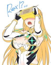  armor bare_shoulders blonde_hair blush breasts cleavage cleavage_cutout clothing_cutout commentary_request covered_navel dress drop_earrings earrings elbow_gloves female gem gloves head-mounted_display headpiece highres jewelry large_breasts long_hair microdress mythra_(xenoblade) nintendo_labo nose_blush open_mouth shoulder_armor solo surprised swept_bangs thigh_strap tiara white_gloves xenoblade_chronicles_(series) xenoblade_chronicles_2 yellow_eyes yuuki_shin 