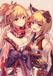  2girls :d animal_ears bad_id bad_pixiv_id bare_shoulders bell black_bow blonde_hair bow braid breasts chromatic_aberration cleavage clenched_teeth commentary_request cowboy_shot djeeta_(granblue_fantasy) dog_ears dog_girl erune flower fur_trim granblue_fantasy grin hair_flower hair_ornament hand_up hands_up highres homaderi japanese_clothes jewelry jingle_bell kanzashi kengo_(granblue_fantasy) kimono large_breasts long_hair looking_at_viewer medium_breasts multiple_girls obi oerba_yun_fang off_shoulder open_mouth orange_eyes ponytail print_kimono red_flower red_scarf rope sash scarf shimenawa short_hair side-by-side smile standing teeth v-shaped_eyebrows vajra_(granblue_fantasy) white_kimono wide_sleeves 