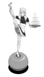  android apron balancing balancing_ball bangs cup drinking_glass expressionless female flat_chest flexible greyscale joints maid maid_apron maid_headdress mechanical_parts monochrome no_panties no_pussy original robot_joints science_fiction short_hair solo split standing standing_on_one_leg standing_split sukabu swept_bangs tray upskirt wine_glass 