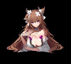  animal_ears arm_under_breasts azur_lane bandaid bandaid_on_head bikini black_background breasts brown_hair cleavage cow_ears cow_girl cow_horns criss-cross_halter crossed_bandaids ctrl+z_(2018) female flower hair_flower hair_ornament halterneck highres horns kashino_(azur_lane) kashino_(hot_springs_relaxation)_(azur_lane) large_breasts long_hair looking_at_viewer official_alternate_costume simple_background solo spilled_milk swimsuit upper_body white_bikini white_flower 