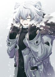  1boy ahoge animal_ears arknights bandaged_chest bear_boy bear_ears closed_eyes fur_collar grey_hair highres iwashi_80 jacket jaye_(arknights) male_focus mask open_mouth short_hair smile snow solo sweater turtleneck turtleneck_sweater upper_body 