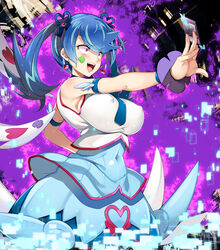  :d aburidashi_zakuro alternate_breast_size armlet armpit_peek bare_shoulders between_fingers blue_angel_(yu-gi-oh!) blue_hair blue_necktie blue_ribbon blue_shirt blue_skirt blush breasts card clover corruption covered_navel covered_nipples crop_top earrings facial_tattoo female four-leaf_clover hair_ornament hair_ribbon heart heart_earrings holding holding_card jewelry large_breasts long_hair looking_away multicolored_hair necktie open_mouth outstretched_arm photoshop_(medium) purple_eyes rectangle ribbon shiny_clothes shiny_skin shirt skirt sleeveless sleeveless_shirt smile solo standing streaked_hair tattoo taut_clothes taut_shirt trickstar_reincarnation twintails white_background white_shirt white_wings wings wristband yu-gi-oh! yu-gi-oh!_vrains zaizen_aoi 