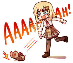  angry blonde_hair blue_eyes bob_cut chibi commentary deerstalker english_commentary female hair_ornament hat hololive hololive_english kataro medium_hair necktie open_mouth plaid plaid_skirt shirt skirt solo standing tears thighhighs throwing virtual_youtuber watson_amelia watson_amelia_(1st_costume) white_shirt zettai_ryouiki 