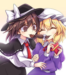  2girls @_@ arm_hug arms_up black_capelet black_headwear black_skirt blonde_hair breasts brown_eyes brown_hair candy capelet chocolate closed_eyes commentary_request cowboy_shot dress dress_shirt eating_hair food hair_between_eyes hair_in_another&#039;s_mouth hat hat_ribbon heart heart-shaped_chocolate highres juliet_sleeves keyaki_chimaki long_sleeves looking_at_another maribel_hearn medium_breasts mob_cap mouth_hold multiple_girls neck_ribbon necktie puffy_sleeves purple_dress purple_eyes red_necktie red_ribbon ribbon ribbon-trimmed_capelet ribbon-trimmed_skirt ribbon_trim ringed_eyes shirt short_hair simple_background single_sidelock skirt smile standing star-shaped_box touhou usami_renko valentine white_headwear white_shirt yellow_background yuri 