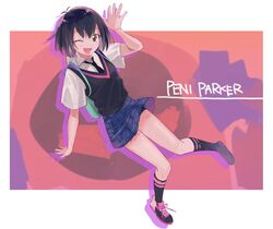  backpack bag black_hair black_necktie black_socks black_vest blue_skirt blush brown_eyes character_name female fujie-yz full_body kneehighs marvel necktie one_eye_closed open_mouth peni_parker shirt shoes short_hair skirt sneakers socks solo spider-man:_into_the_spider-verse spider-man_(series) spider-verse sweater_vest vest white_shirt 