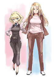  2girls alternate_costume black_footwear black_pants blonde_hair blue_eyes braid breasts buttons colorado_(kancolle) french_braid green_eyes hand_on_own_hip hands_in_pockets index_finger_raised jacket kantai_collection large_breasts long_hair long_sleeves matsutani medium_breasts multiple_girls nelson_(kancolle) open_mouth pants red_jacket red_pants shirt short_hair simple_background smile standing white_footwear white_shirt 