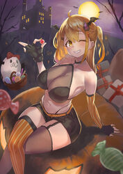  ahoge alternate_costume aya_tarou bare_shoulders bat_hair_ornament blonde_hair breasts candy castle cleavage female fingerless_gloves food garter_straps gloves grin hair_ornament hairclip halloween highres hololive kapumin_(yozora_mel) large_breasts lollipop long_hair midriff navel one_eye_closed see-through see-through_cleavage short_shorts shorts sitting smile solo stomach swirl_lollipop two_side_up virtual_youtuber yellow_eyes yozora_mel zettai_ryouiki 