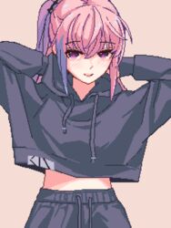  adjusting_hood black_pants black_sweater blush brown_background cowboy_shot drawstring female girls&#039;_frontline highres hood hooded_sweater long_hair long_sleeves looking_at_viewer midriff pants pink_hair pixel_art ponytail purple_eyes simple_background smile solo st_ar-15_(girls&#039;_frontline) sweater yiricannon 