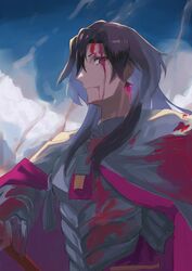  1boy armor black_eyes black_hair blood blood_from_mouth blood_on_clothes blood_on_face cloak commentary constantine_xi_(fate) day earrings fate/grand_order fate_(series) gloves hair_between_eyes hand_on_hilt highres jewelry light_smile long_hair looking_at_viewer male_focus profile royst sideways_glance smoke solo tassel upper_body white_armor white_cloak white_gloves 