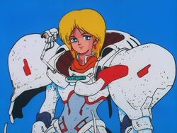  1980s_(style) anime_screenshot armor blonde_hair blue_background blue_eyes closed_mouth cyberpunk damaged dirty dragon&#039;s_heaven earrings female happy ikuuru jewelry long_hair looking_at_viewer machinery mecha moebius_(style) official_art pauldrons power_armor power_suit production_art retro_artstyle robot shoulder_armor simple_background smile upper_body 