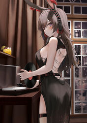  absurdres alternate_costume animal_ears april_(arknights) arknights back_cutout belt black_dress blue_eyes blush breasts brown_hair chinese_commentary city_lights closed_mouth clothing_cutout commission cup dress drinking_glass female food from_side fruit headphones highres holding holding_record implied_extra_ears indoors lime_(fruit) lime_slice looking_at_viewer nail_polish phonograph pixiv_commission rabbit_ears rabbit_tail record red_nails ru_zhai side_slit solo tail thigh_strap window 