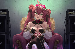  ahoge armlet bare_shoulders black_thighhighs bow bracelet breasts chair character_request cleavage copyright_request crossed_bangs crossed_legs detached_sleeves double_bun dress female green_eyes hair_between_eyes hair_bun hairbow jewelry large_breasts long_hair long_sleeves looking_at_viewer open_mouth pink_hair puffy_long_sleeves puffy_sleeves single_thighhigh sitting smile solo thighhighs thighs try_(lsc) twintails 