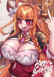  :p alt_text arm_up blonde_hair blunt_bangs bow braid breasts brooch chain_necklace chains character_name chromatic_aberration cleavage diagonal-striped_bow diagonal_stripes dragon_girl dragon_horns dragon_tail female gem happy_birthday heart highres hip_vent hololive horn_bow horn_ornament horns huge_breasts jewelry kiryu_coco kiryu_coco_(1st_costume) large_breasts long_hair looking_at_viewer middle_finger miniskirt multicolored_hair necklace oerba_yun_fang orange_hair osiimi red_eyes red_skirt side-tie_skirt side_braid single_braid skirt slit_pupils solo streaked_hair striped tail thick_thighs thighs tongue tongue_out very_long_hair virtual_youtuber 