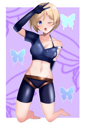  ;o absurdres asymmetrical_clothes barefoot blonde_hair blue_eyes blush breasts bug butterfly cleavage collarbone commentary_request commission elbow_gloves female full_body gloves highres himura_moritaka looking_at_viewer lupin_iii midriff navel one_eye_closed partial_commentary pixiv_commission rebecca_lambert short_hair shorts solo v 